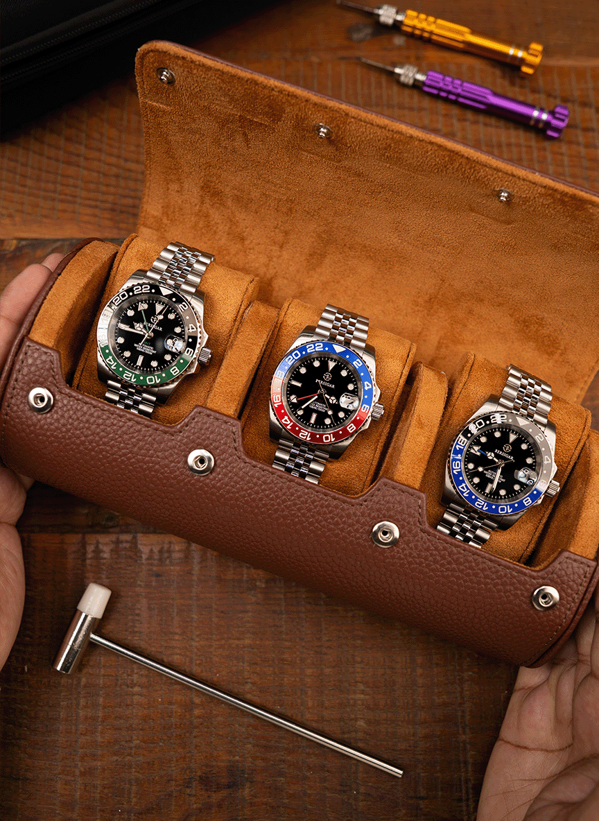 Brown Watch Roll – Three Watches